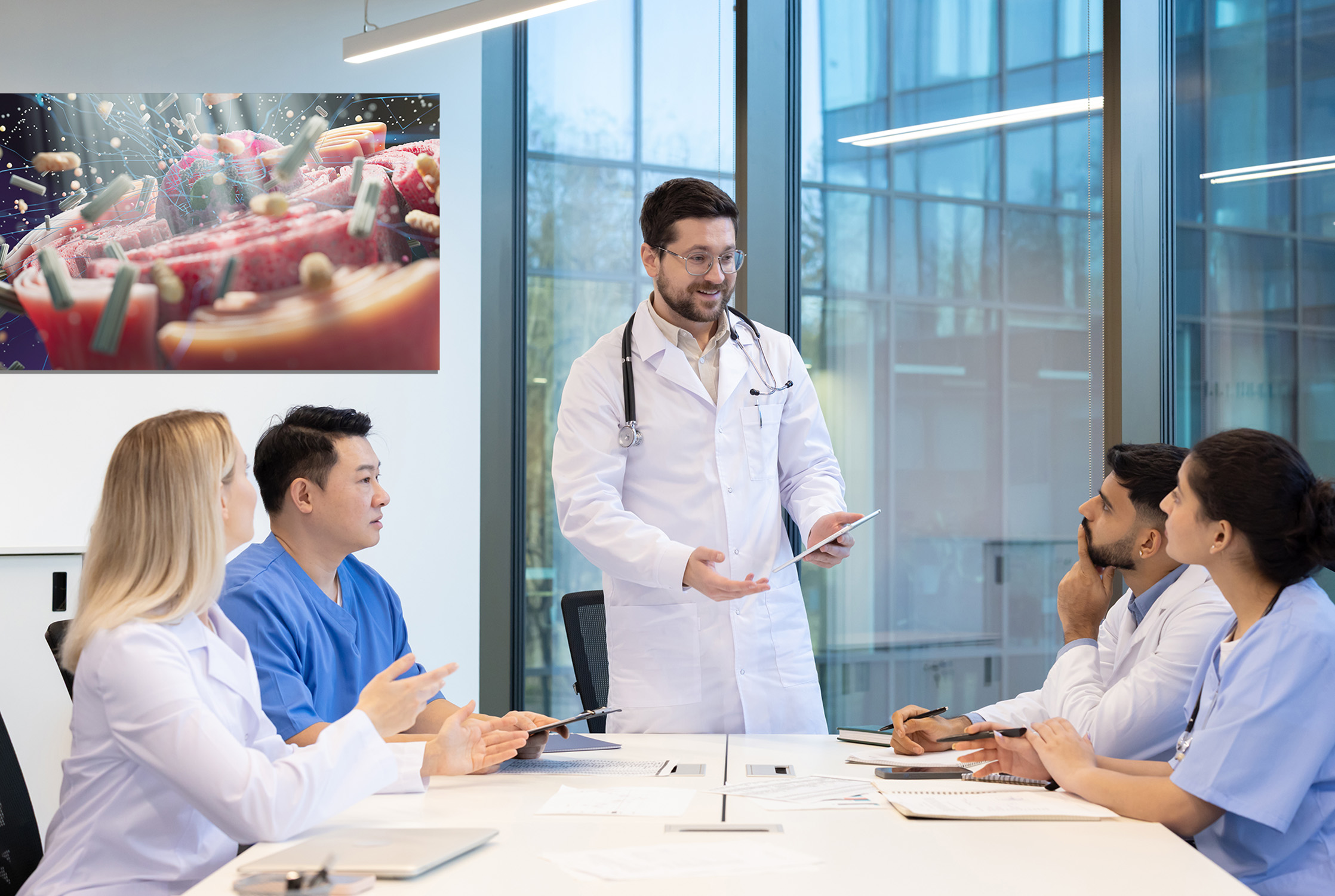 Medical team collaborating during a meeting in a modern office setting